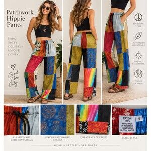 VTG Patchwork Pants Boho Hippie Festival Wide Leg Baggy Colorful Cotton M NWOT